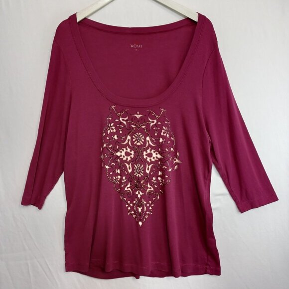 XCVI Top Maroon Scoop Neck Long Sleeve Tee Shirt Medallion Print Womens 1X - Picture 7 of 7